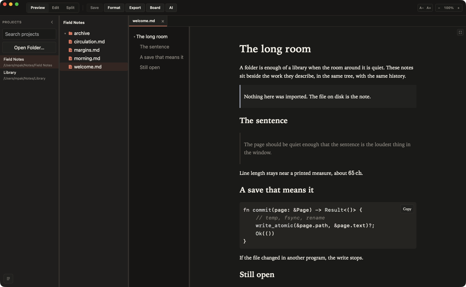 The same note in Paper Dark, with the file tree, table of contents, and reading column.
