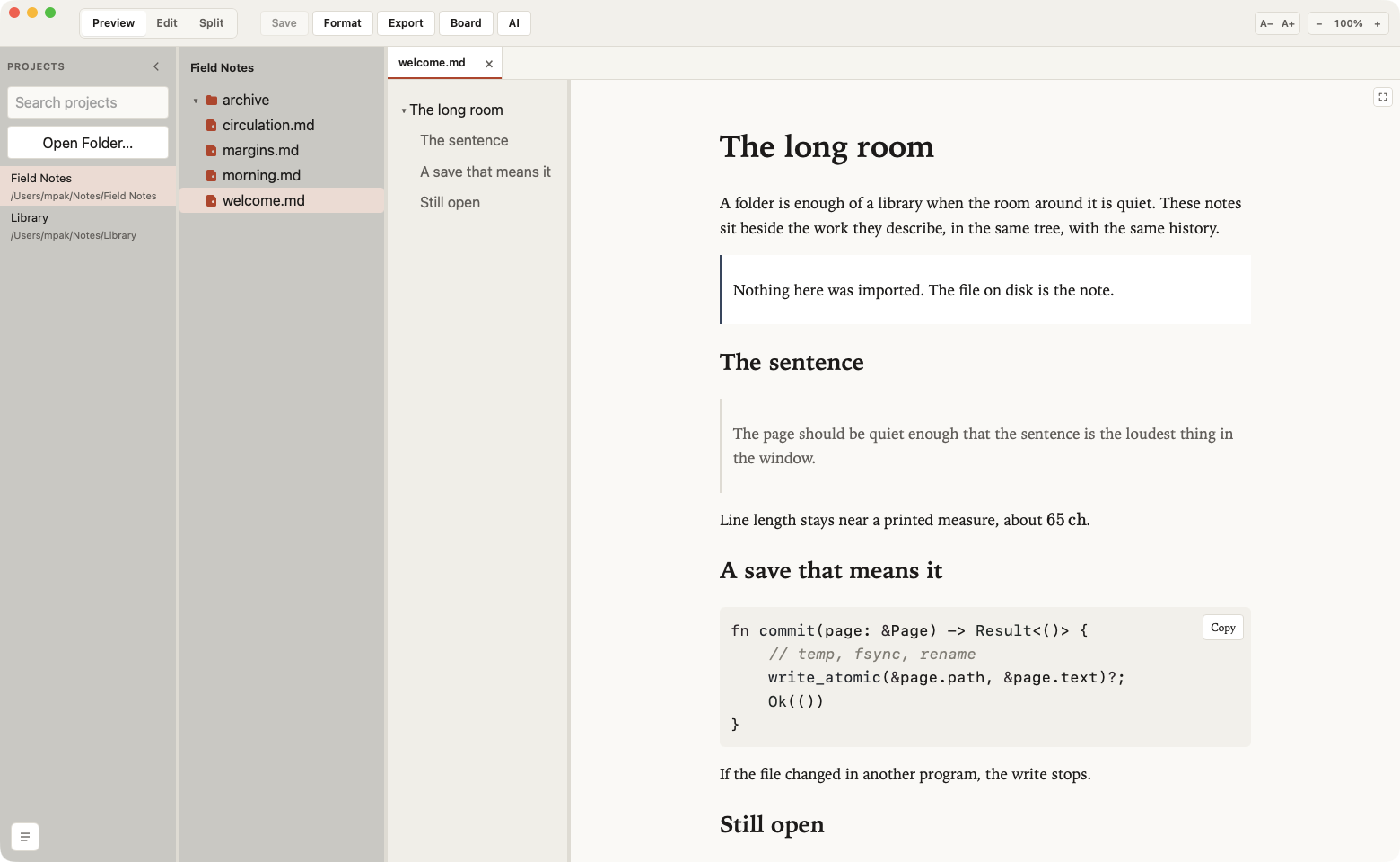 1537paperstreet in Paper Light: project list, file tree, table of contents, and a rendered note titled The long room.